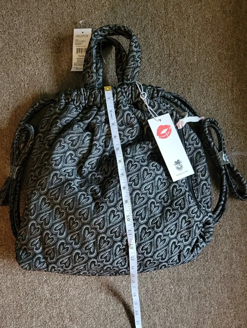 NWT Wildfox Black & Gray Heart Print Drawstring Backpack